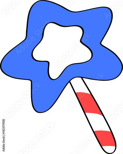 Fairy Wand with Handle in American Flag Pattern Doodle Outline