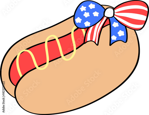 Hot Dog Sandwich with Bow in American Flag Pattern Doodle Outline