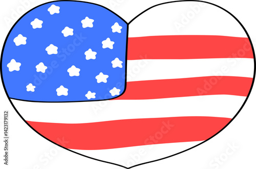 Cute Heart in American Flag Pattern Doodle Outline
