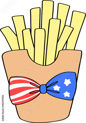 French Fries with Bow in American Flag Pattern Doodle Outline