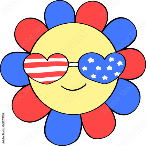 Cute Flower with Glasses in American Flag Pattern Doodle Outline