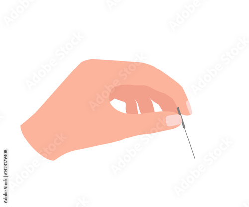 Acupuncture, hand with needle. Alternative medicine. Body therapy and spa, wellness and acupressure. Vector illustration