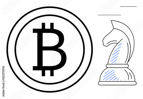 Bitcoin coin alongside a chess knight, representing digital currency and strategic financial planning. Ideal for finance, cryptocurrency, investment, strategy, innovation, decision-making, future