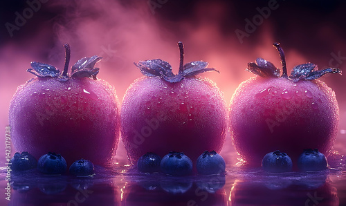 Three glistening apples with dew on their skin, surrounded by blueberries, against a misty purple background