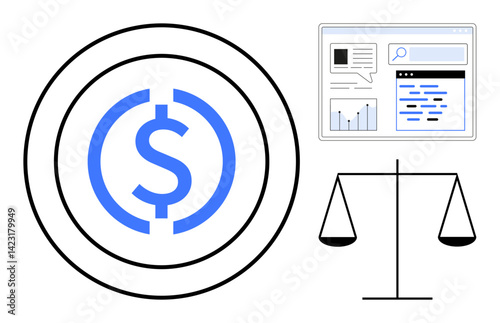 Dollar sign within circular graphs, scales symbolizing fairness, analytics screen showing data insights. Ideal for finance, investment, economy, balance, equity, analytics simple landing page