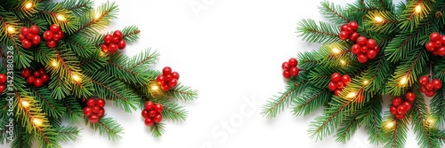 Decorative Christmas border with coniferous branches, garlands of lights, seamless design, border, Christmas