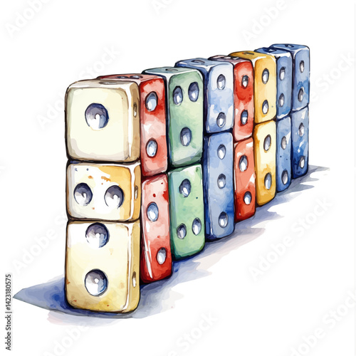 Set Of Dominoes Lined Up In A Perfect Row, vector watercolor illustration, isolated on a white background.