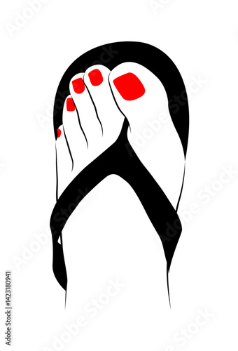 Woman feet with red nails and sandals line drawing isolated on white background - vector illustration
