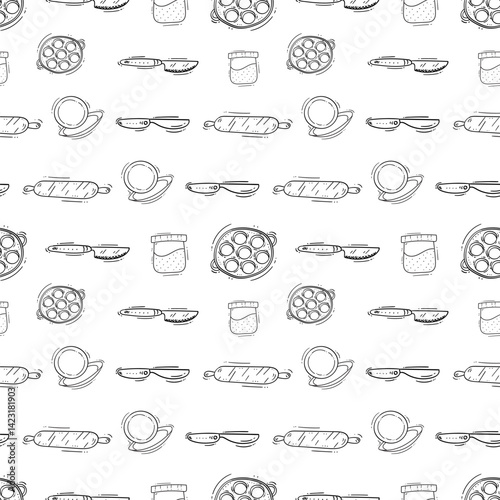 kitchen utensil pattern. kitchenware seamless pattern. doodle kitchen background