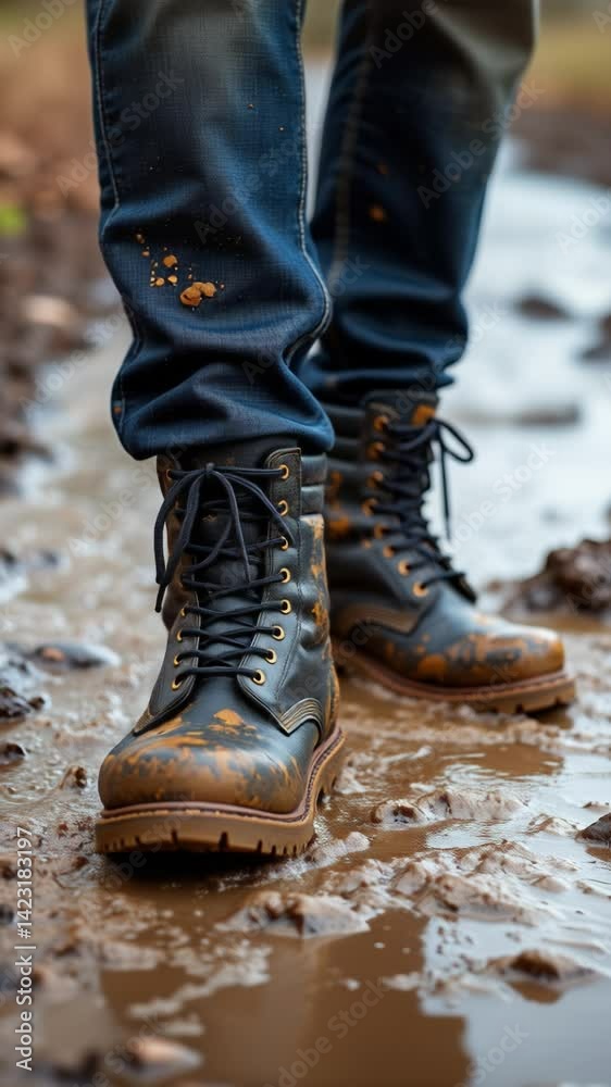 Black work boots in mud puddle close-up. Muddy footwear, wet dirty boots. Person, man walking through trail in rainy weather. Heavy boots with dirt Black work boots in mud puddle close-up. Muddy footwear, wet dirty boots. Person, man walking through trail in rainy weather. Heavy boots with dirt