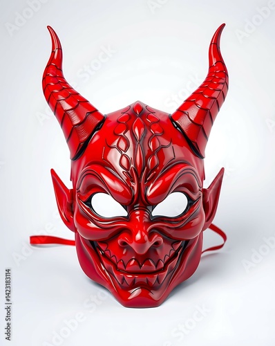 Red devil mask with horns and pointed ears on a white background.