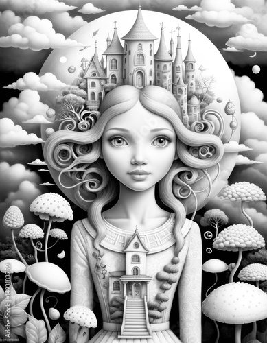 Surreal Portrait Coloring Page Illustration
