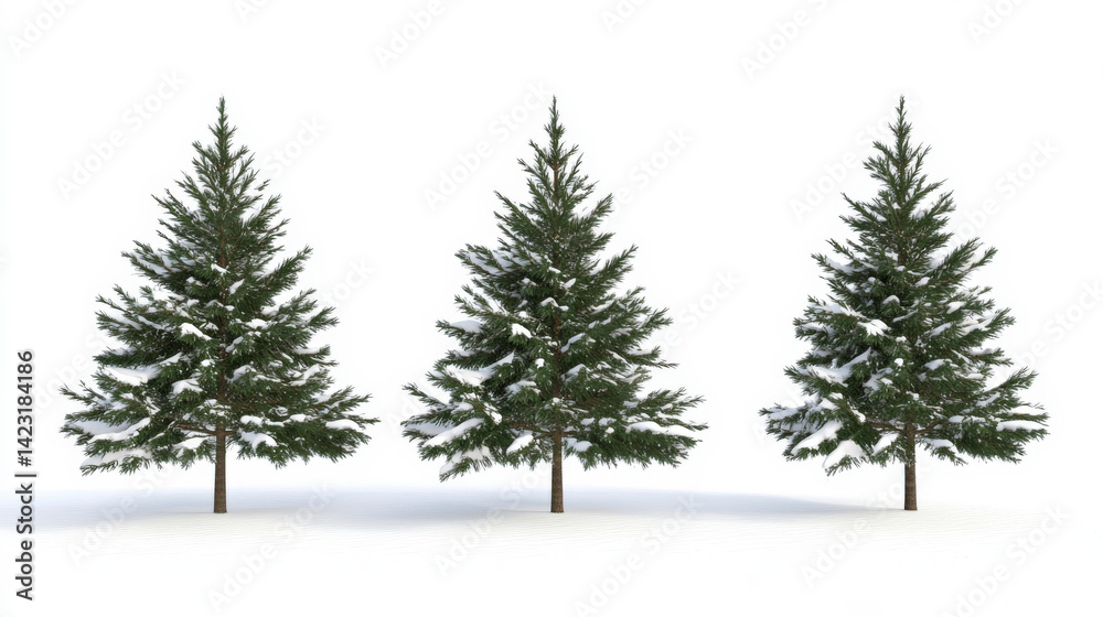 Three snow-dusted evergreen trees standing against a stark white background... Three snow-dusted evergreen trees standing against a stark white background...