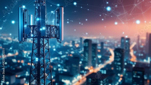 Telecommunication tower with cellular network antenna on Smart city and abstract line and dot connect with gradient line design. Big Data, IoT and 5G concept