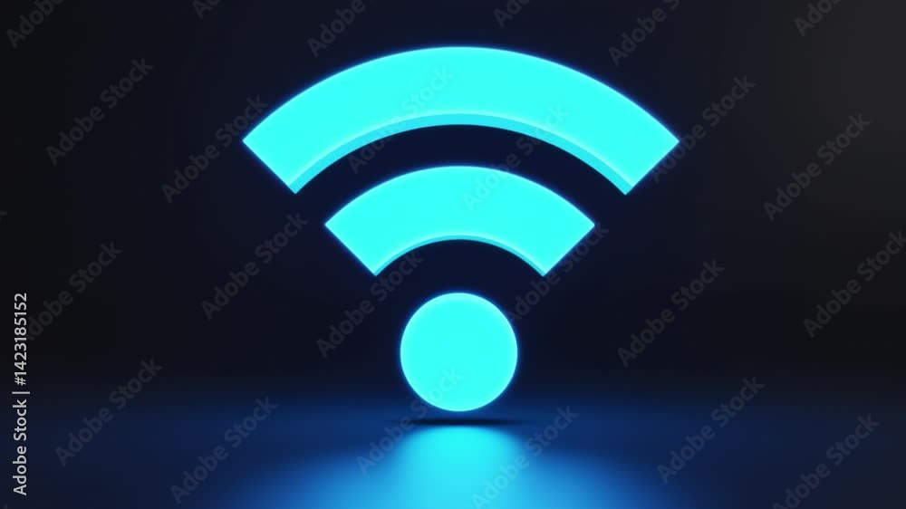 Blue glowing wifi icon on dark background. Technology concept. 3D Rendering Blue glowing wifi icon on dark background. Technology concept. 3D Rendering