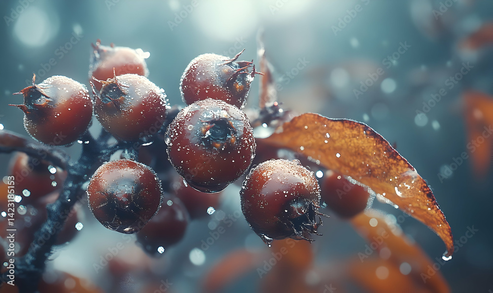 Close-up of dew-covered berries on a branch with autumn leaves in a misty forest setting Close-up of dew-covered berries on a branch with autumn leaves in a misty forest setting