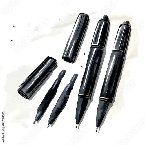 Set Of Black Ink Pens With Fine Tips, vector watercolor illustration, isolated on a white background.