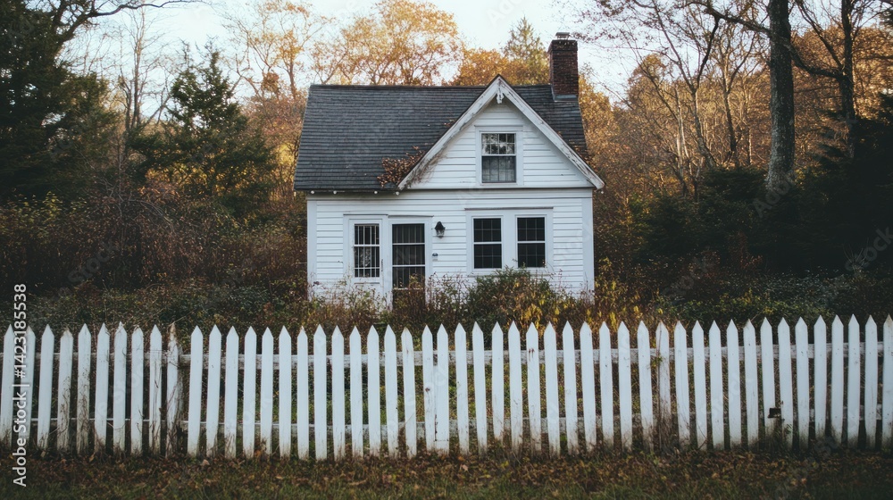 Fototapeta premium A small white house nestled behind a white picket fence