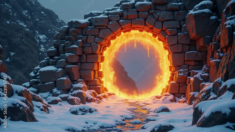 Stone archway, fiery portal, icy landscape, evokes fantasy, mystery, transition, journey, otherworldly