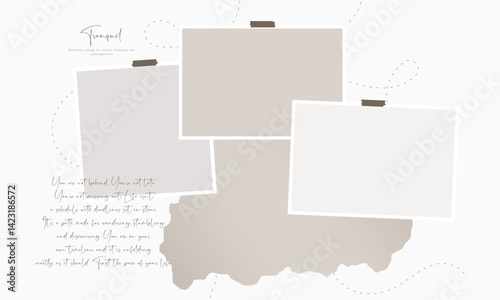 Aesthetic and minimalist style photo frame with torn paper edges decoration scrapbooking board background