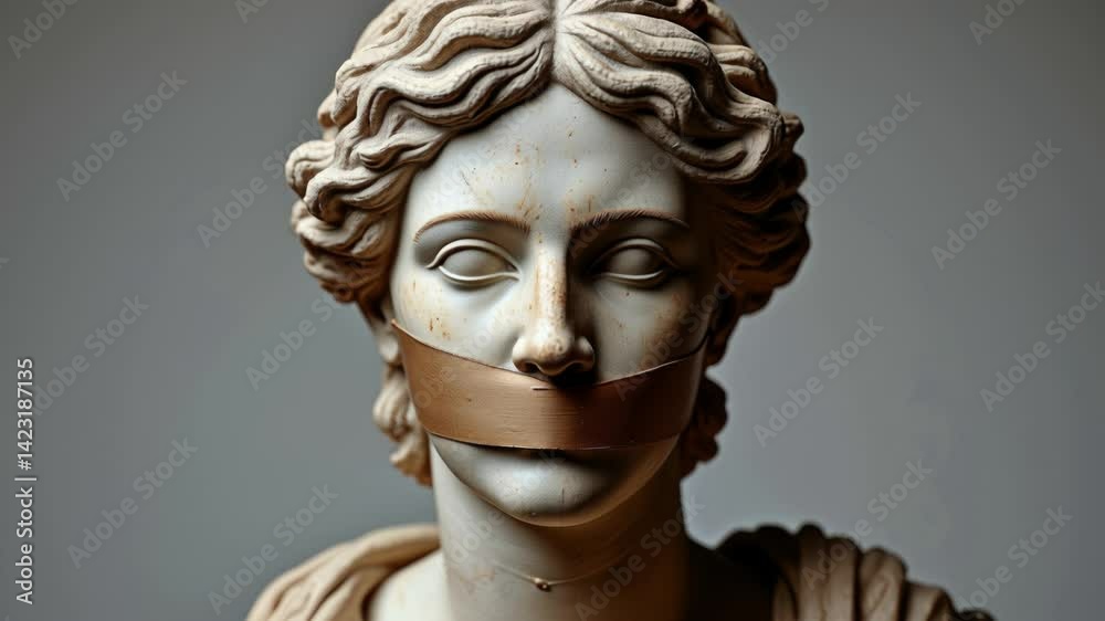 A Greek statue with mouth covered by tape symbolizes suppressed freedom and expression A Greek statue with mouth covered by tape symbolizes suppressed freedom and expression