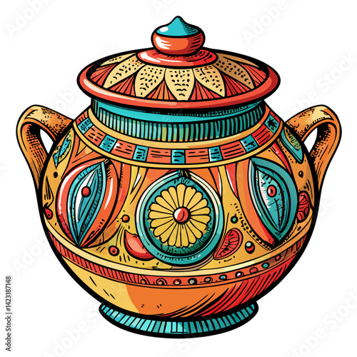 Colorful Ornate Ceramic Pot with Geometric Patterns and Floral Motifs