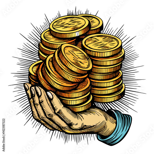 Hand Holding Gold Coins Vintage Engraved Style Wealth Illustration