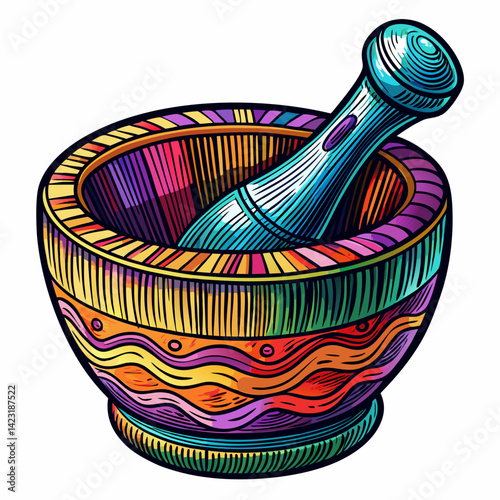 Colorful Hand Drawn Mortar and Pestle  Illustration with Intricate Patterns