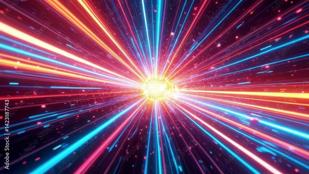 Abstract colourful light trail creative cosmic background. Explosion, Hyper jump into another galaxy. Speed of light, neon glowing rays in motion