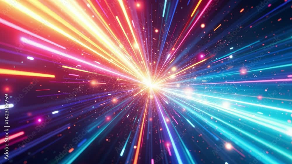 Abstract colourful light trail creative cosmic background. Explosion, Hyper jump into another galaxy. Speed of light, neon glowing rays in motion