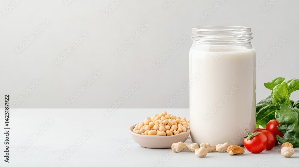 Plant-based milk in a jar, alongside ingredients Plant-based milk in a jar, alongside ingredients