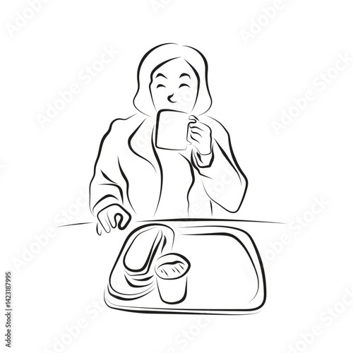young woman drinking coffee and sandwich on table illustration vector hand drawn with black lines isolated on white background.