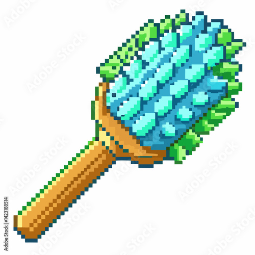 Pixel Art Wooden Hairbrush with Blue Bristles  Illustration