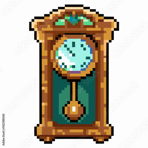 Vintage Pixel Art Grandfather Clock Illustration with Gold and Green Details
