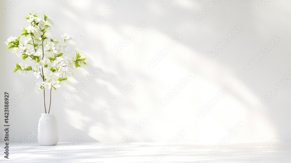 Fototapeta premium Minimalist white ceramic vase holding delicate green flowering branches on a table, set against a bright wall with soft dappled shadows.