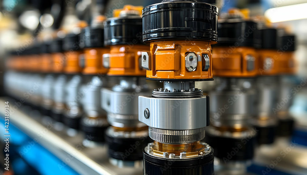 Close-up of precision-engineered mechanical components on a production line in a factory setting Close-up of precision-engineered mechanical components on a production line in a factory setting