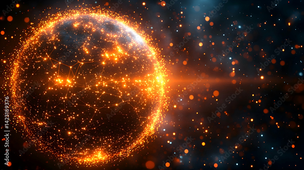 A glowing sphere with interconnected lines and dots floats amidst a scattered field of shining particles A glowing sphere with interconnected lines and dots floats amidst a scattered field of shining particles