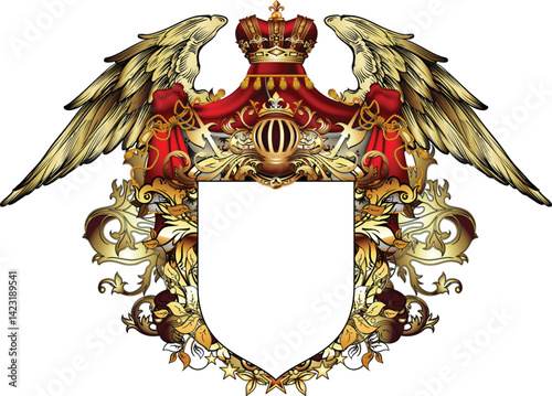 Heraldic background. White shield decorated with a red ermine royal mantle, crown and wings.  3D vector. High detailed realistic illustration