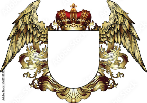 Heraldic shield decorated with a crown and wings, richly ornamented, on a white background. High detailed realistic illustration