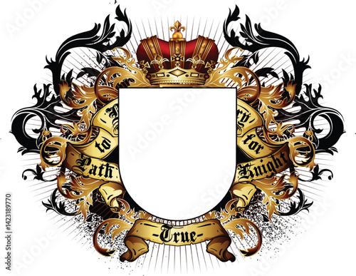 Heraldic shield with a crown, richly ornamented, on a white background. 3D vector. High detailed realistic illustration