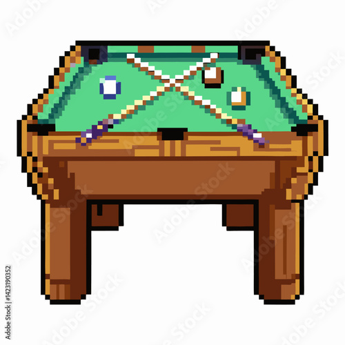 Pixel Art Billiards Table with Pool Cues and Balls in Retro Style