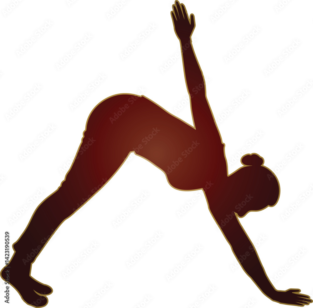 Fototapeta premium Silhouette of Woman in Yoga Pose with Raised Arm – Downward Dog Variation Illustration for Fitness, Wellness, Stretching, Mindfulness, Exercise Posters, Meditation, and Body Movement Art