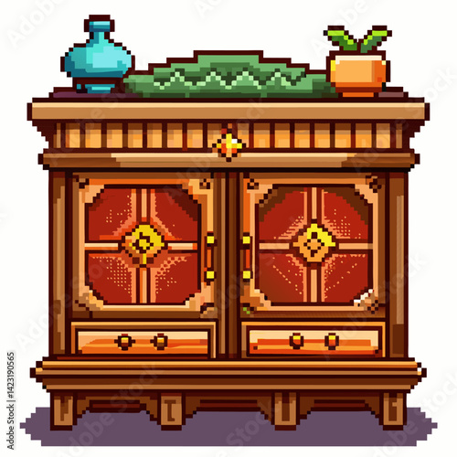 Retro Pixel Art Wooden Cabinet with Decorative Vase and Plant