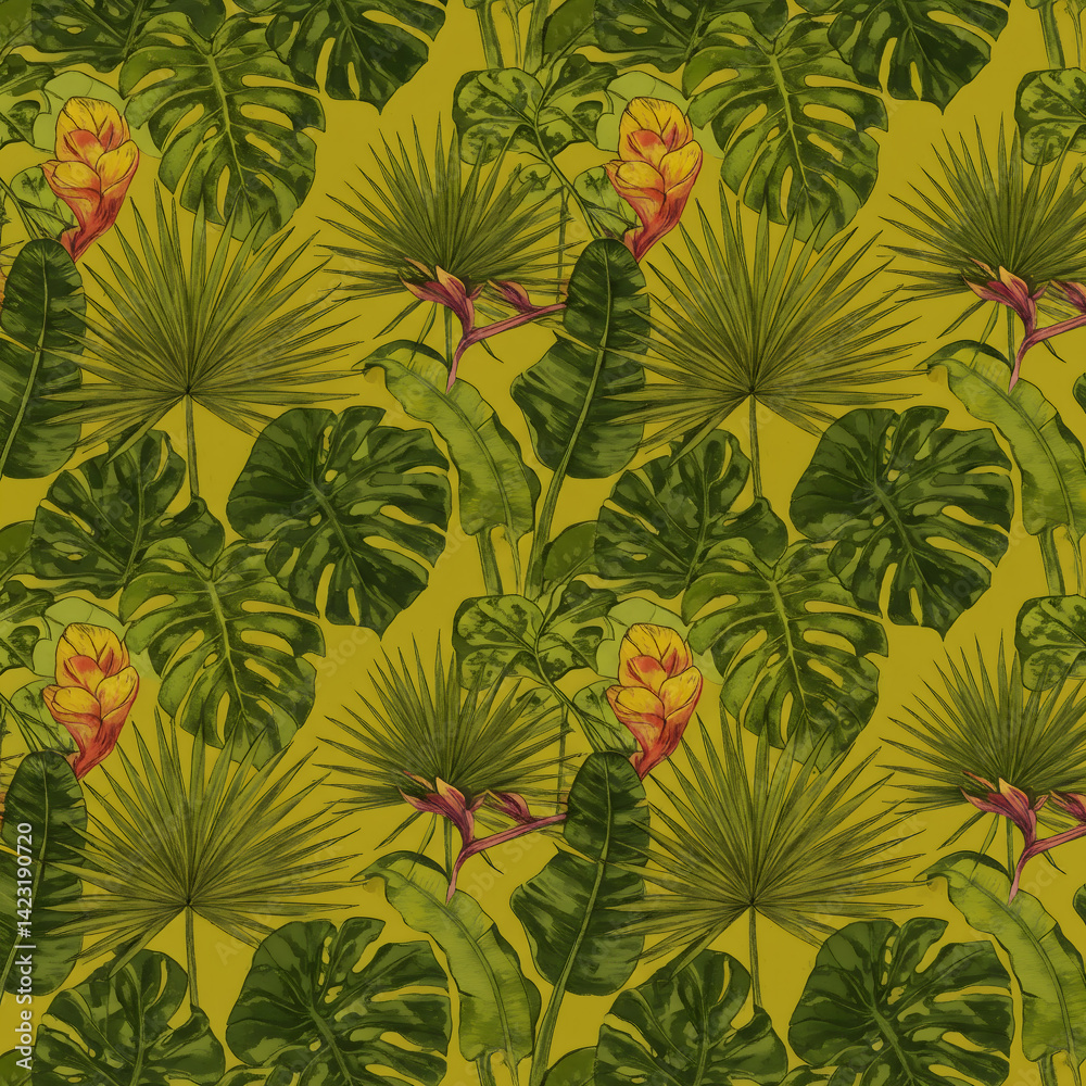 Naklejka premium Tropical Jungle Pattern Background Green Leaves, Plants, Palm, Banana, Monstera, Flowers, Watercolor Illustration.