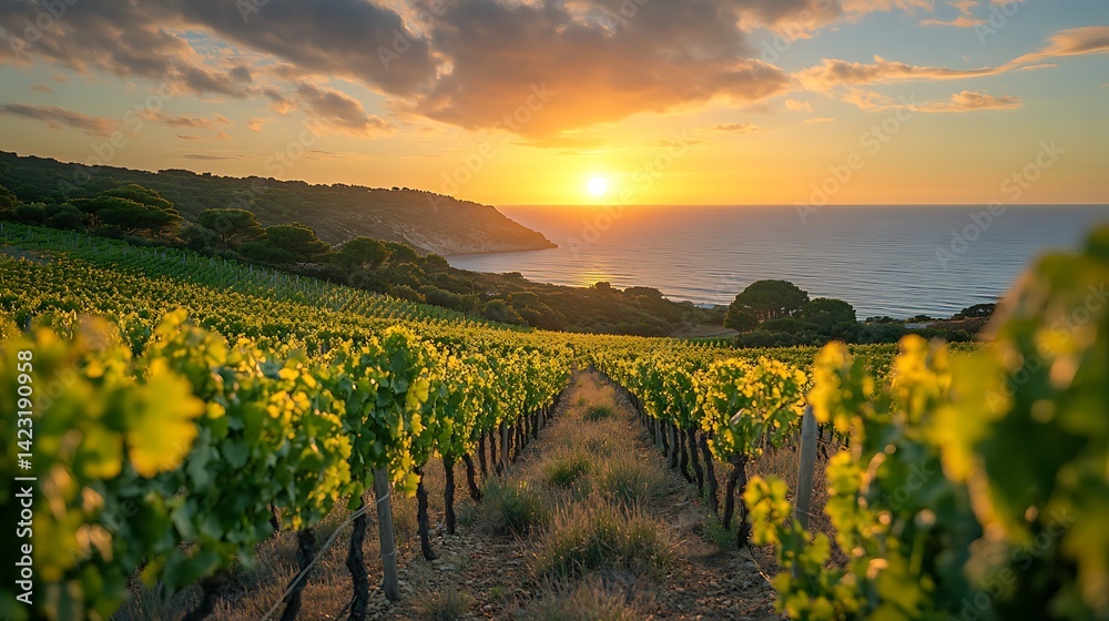 Fototapeta premium Vineyard Landscape Near Ocean at Sunset with Rows of Grapevines