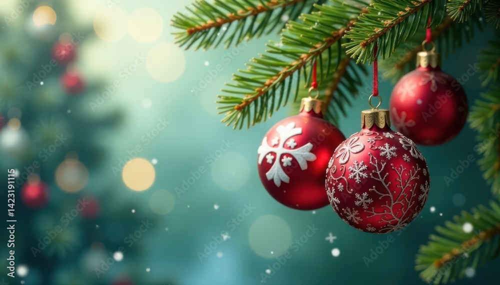 Obraz premium Christmas Greeting Ornaments Hanging from Tree Branches, Christmas decor, mistletoe