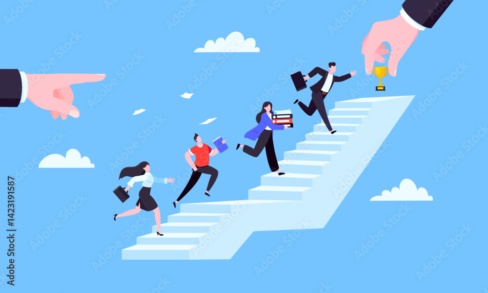 Success career ladder steps path challenge with business goal achievement flag objective on the top of it business concept flat vector illustration. Office person running onto success career steps. Success career ladder steps path challenge with business goal achievement flag objective on the top of it business concept flat vector illustration. Office person running onto success career steps.