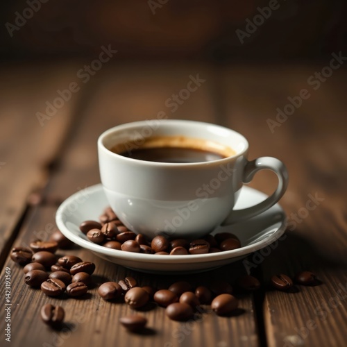 Espresso coffee cup on a vintage wooden table with scattered coffee beans, rustic, decor