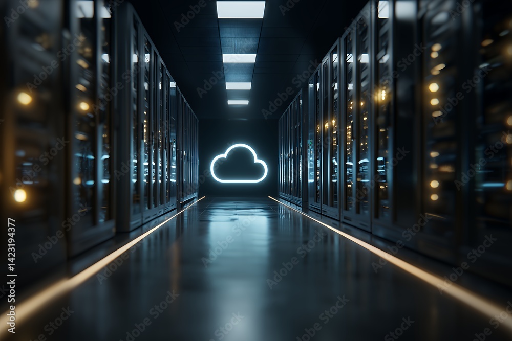Fototapeta premium Glowing cloud symbol in a server room corridor with rows of dark metal cabinets, concept for data center, cloud computing, and network infrastructure