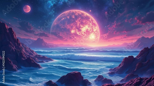 Surreal cosmic landscape with luminous waves and starry sky ethereal horizon for futuristic art and psychedelic journey exploration